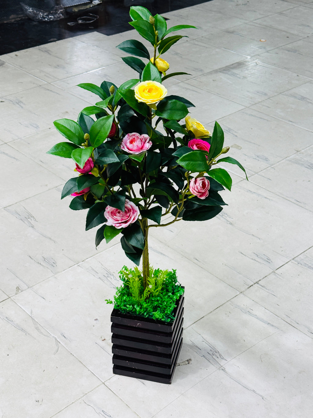 Rubber Camelia flowers with mdf board planter 30" long