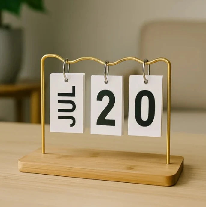 Minimalist Desk Flip Calendar with Wooden Base & Gold Frame – 6 Inch Decorative Perpetual Display