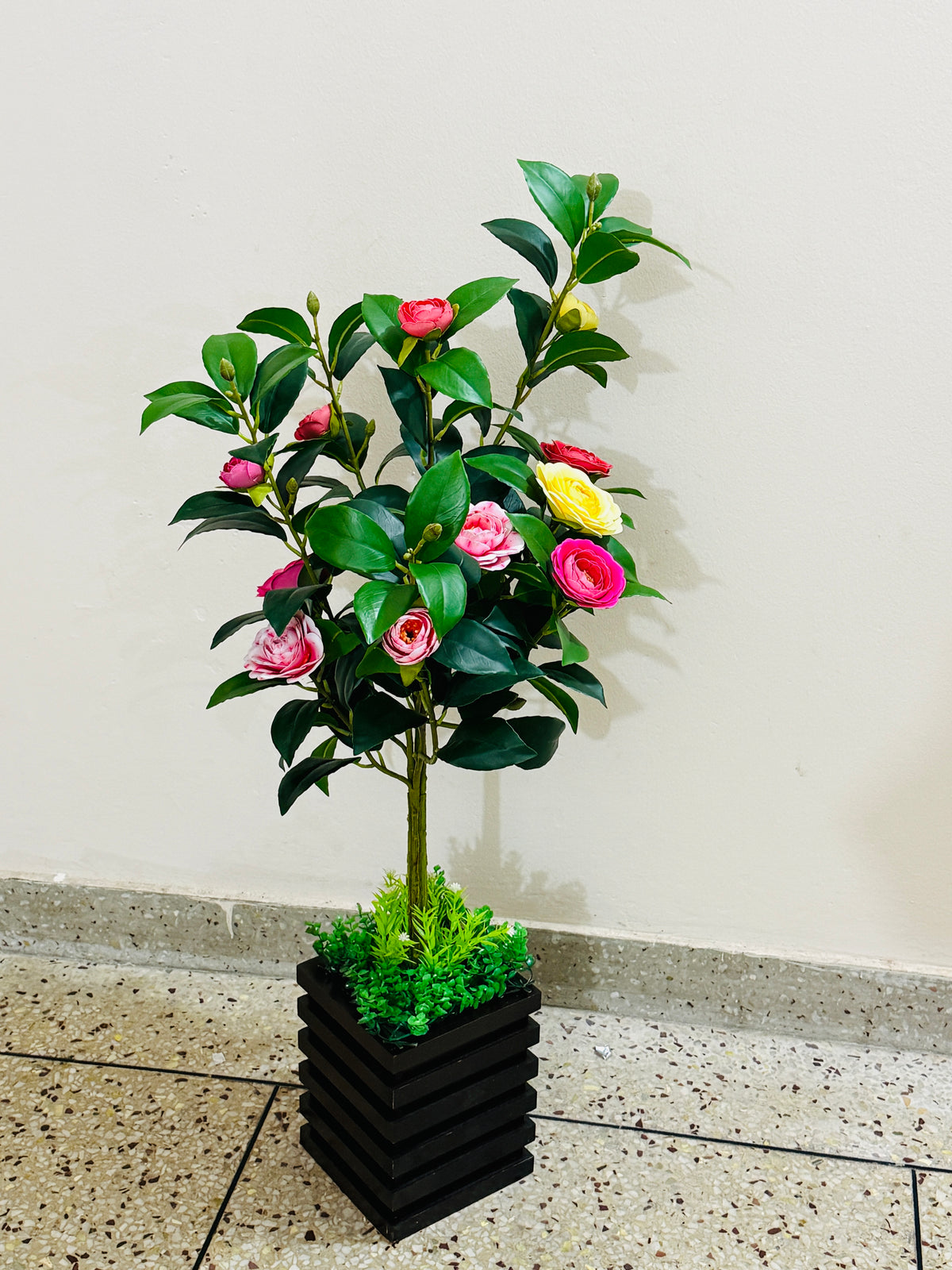 Rubber Camelia flowers with mdf board planter 30" long